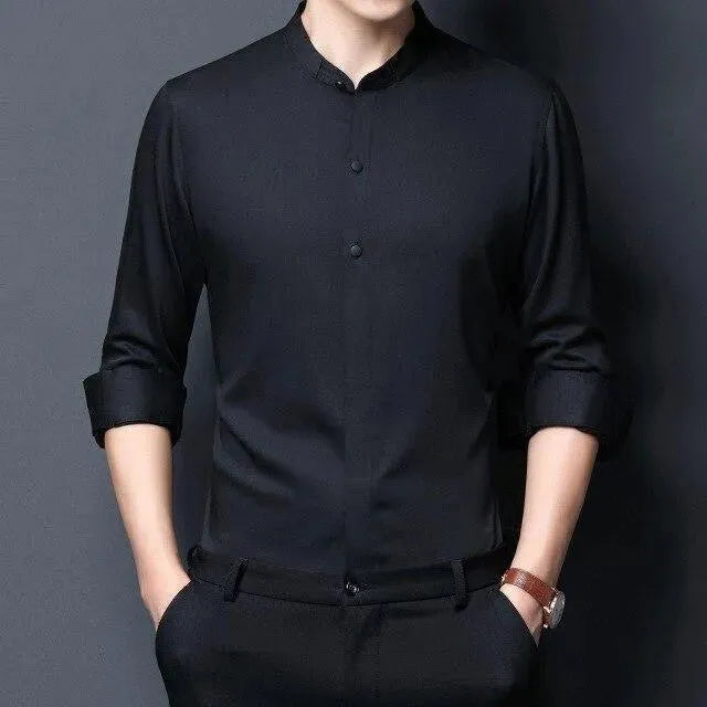 Men's Mandarin Satin Shirt-Men Shirts-LeStyleParfait