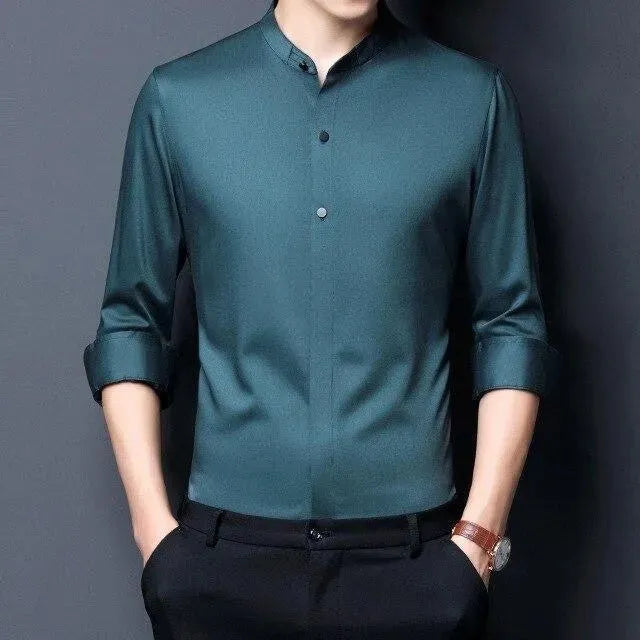 Men's Mandarin Satin Shirt-Men Shirts-LeStyleParfait