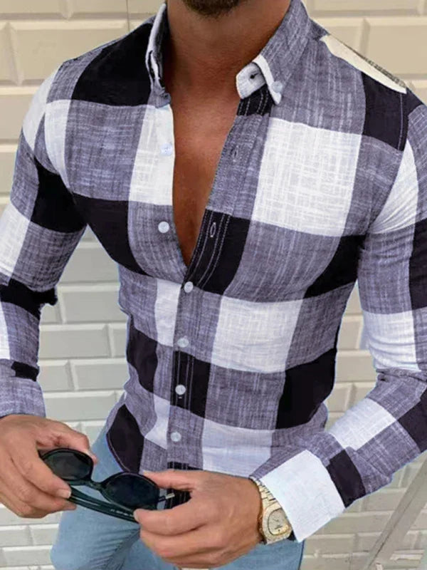 Men's Plaid Button Work Shirt-Men Shirts-LeStyleParfait