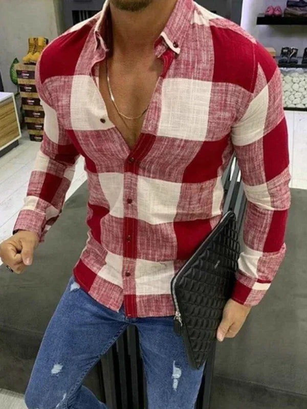 Men's Plaid Button Work Shirt-Men Shirts-LeStyleParfait