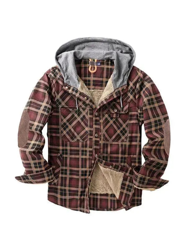 Men's Plaid Hooded Flannel Shirt-Men Shirts-LeStyleParfait
