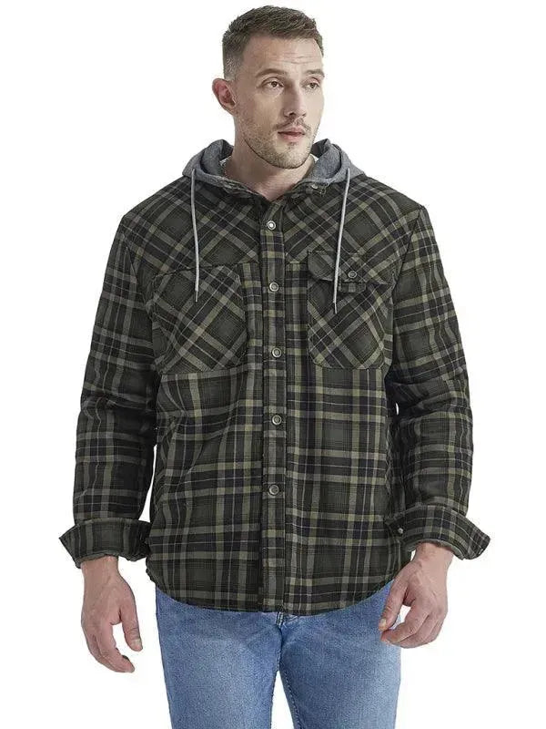 Men's Plaid Hooded Flannel Shirt-Men Shirts-LeStyleParfait