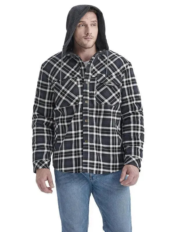Men's Plaid Hooded Flannel Shirt-Men Shirts-LeStyleParfait