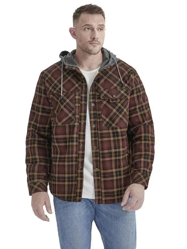 Men's Plaid Hooded Flannel Shirt-Men Shirts-LeStyleParfait