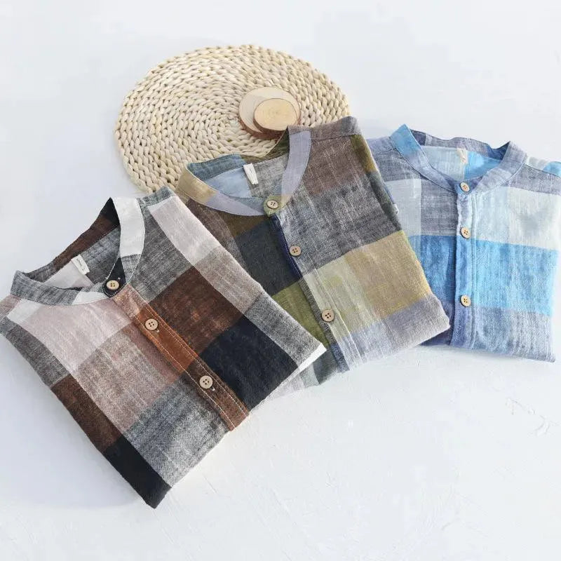 Men's Plaid Linen Casual Shirt-Men Shirts-LeStyleParfait