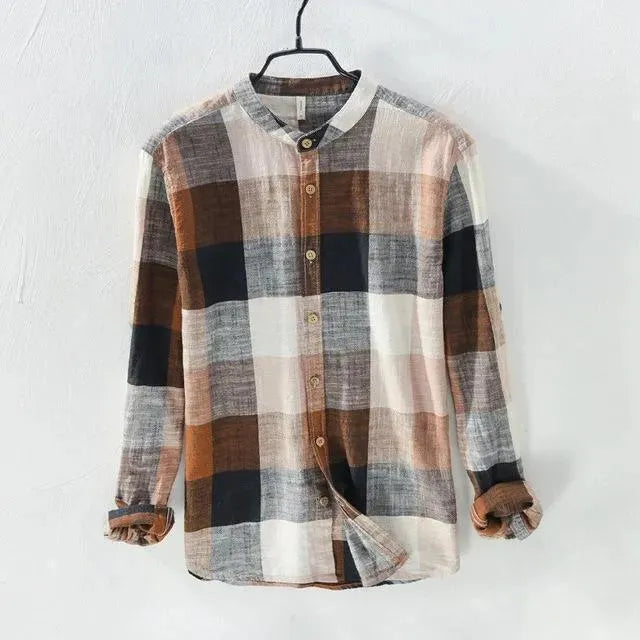 Men's Plaid Linen Casual Shirt-Men Shirts-LeStyleParfait