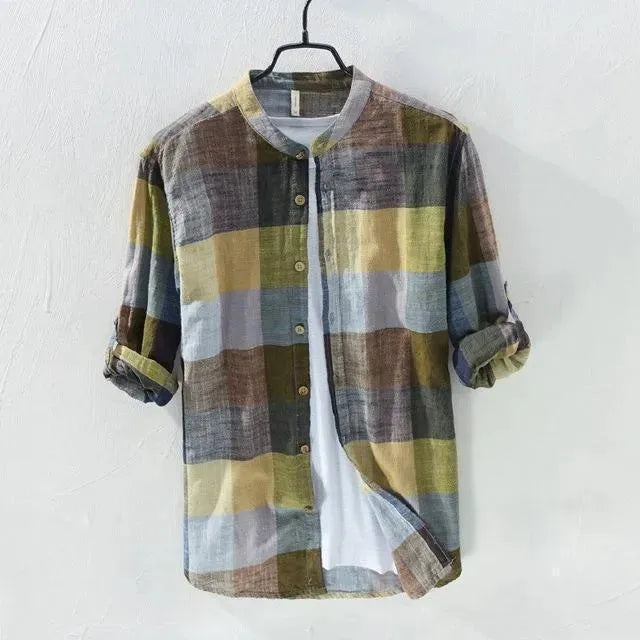 Men's Plaid Linen Casual Shirt-Men Shirts-LeStyleParfait