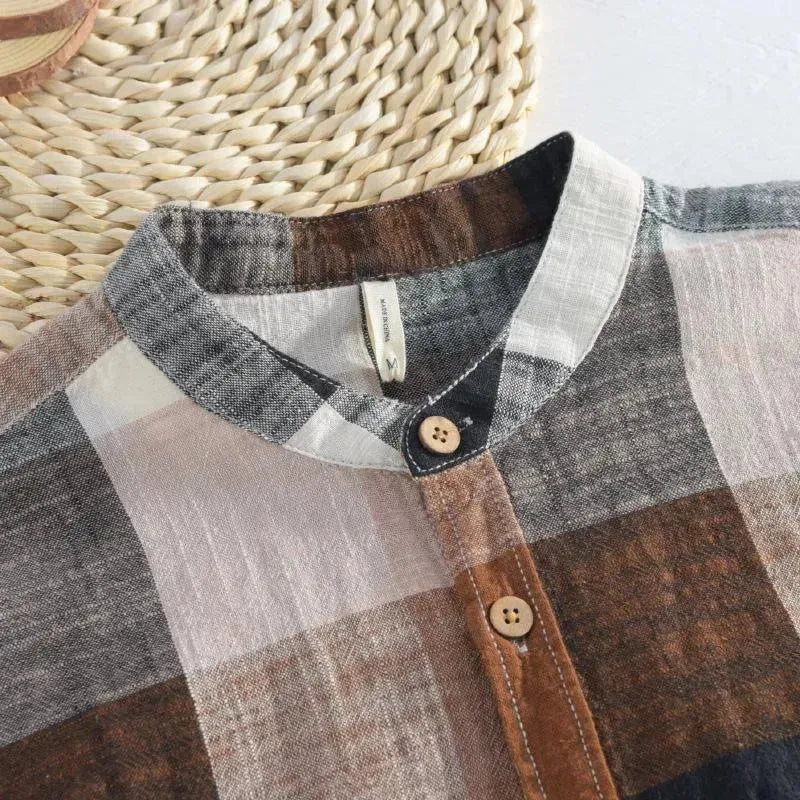 Men's Plaid Linen Casual Shirt-Men Shirts-LeStyleParfait