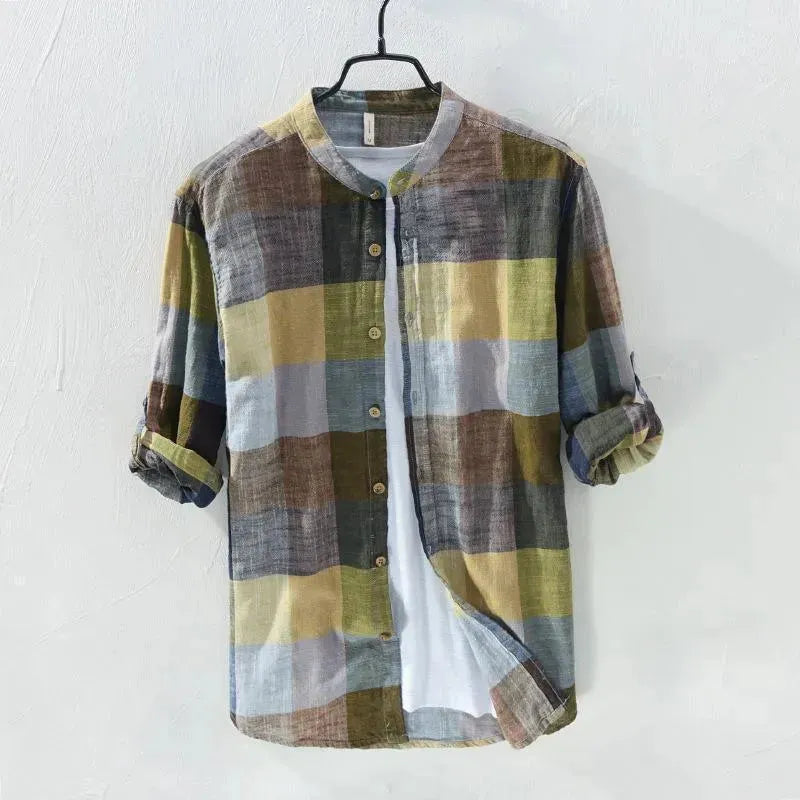 Men's Plaid Linen Casual Shirt-Men Shirts-LeStyleParfait