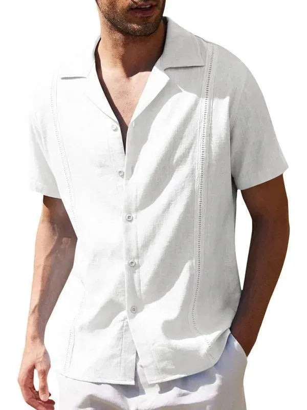 Men's Plain Short Sleeve Linen Shirt-Men Shirts-LeStyleParfait