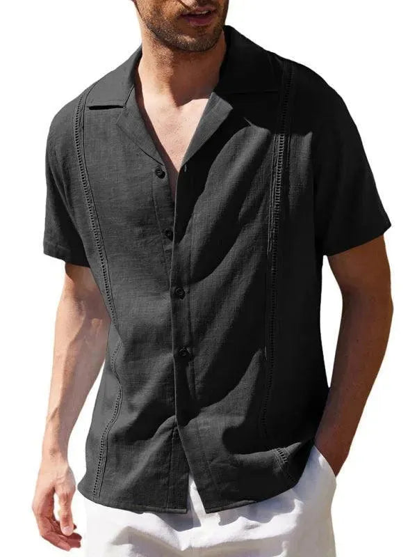 Men's Plain Short Sleeve Linen Shirt-Men Shirts-LeStyleParfait