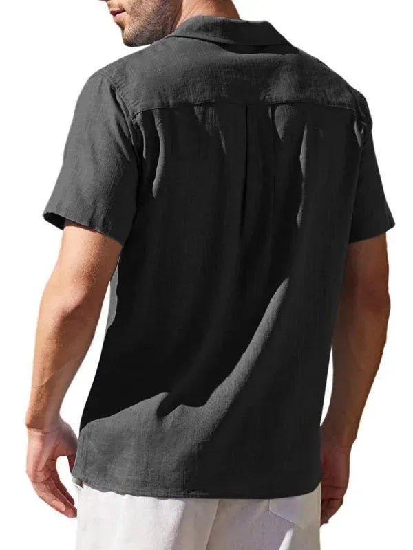 Men's Plain Short Sleeve Linen Shirt-Men Shirts-LeStyleParfait