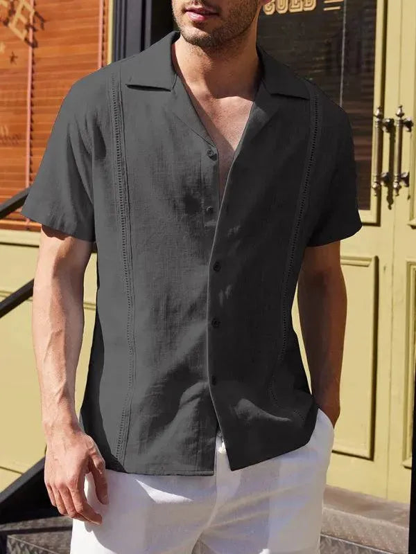 Men's Plain Short Sleeve Linen Shirt-Men Shirts-LeStyleParfait