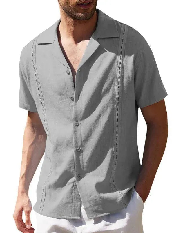 Men's Plain Short Sleeve Linen Shirt-Men Shirts-LeStyleParfait