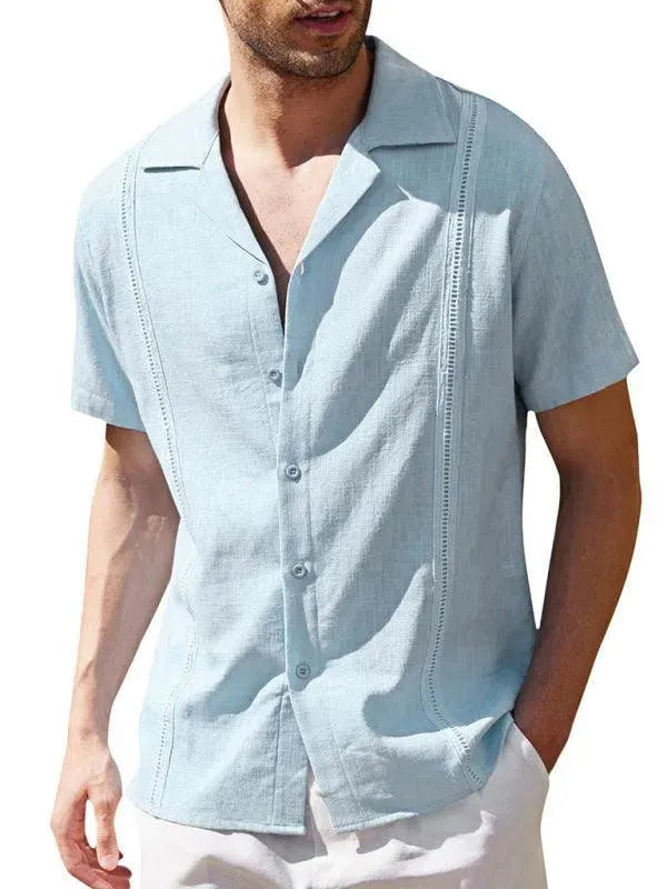 Men's Plain Short Sleeve Linen Shirt-Men Shirts-LeStyleParfait
