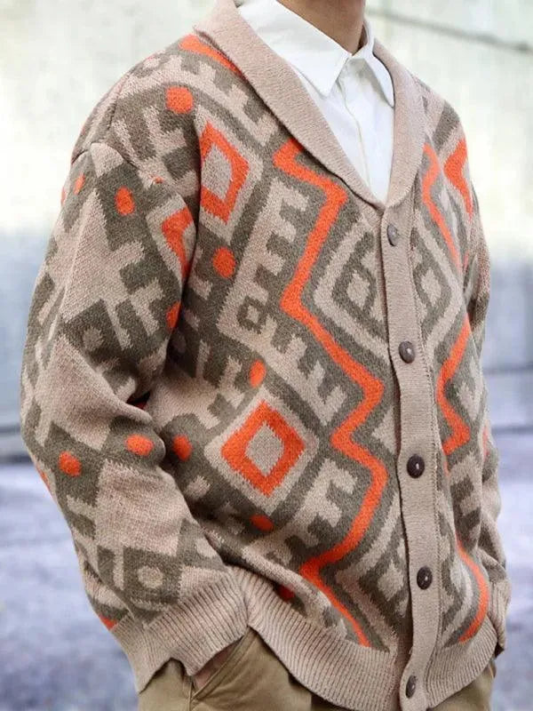 Men’s Retro Jacquard V-Neck Cardigan Sweater – Button