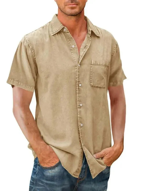 Men's Short Sleeve Denim Shirt-Men Shirts-LeStyleParfait