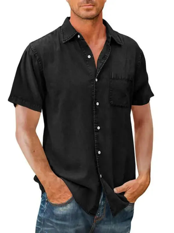Men's Short Sleeve Denim Shirt-Men Shirts-LeStyleParfait