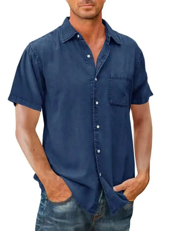 Men's Short Sleeve Denim Shirt-Men Shirts-LeStyleParfait