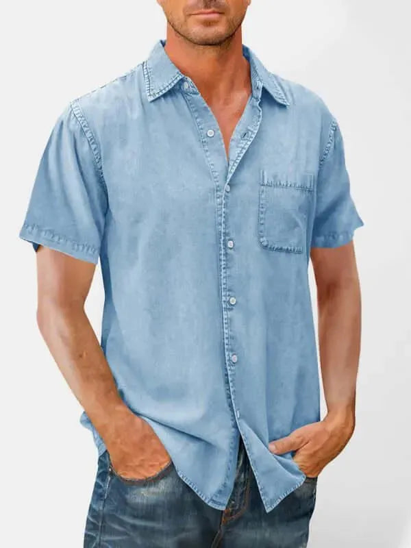 Men's Short Sleeve Denim Shirt-Men Shirts-LeStyleParfait