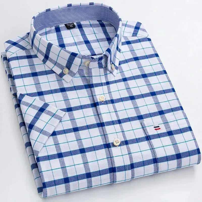 Men's Short Sleeve Plaid Shirt-Men Shirts-LeStyleParfait