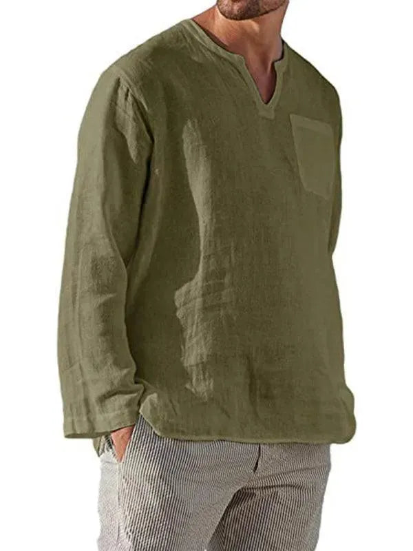 Men's V-Neck Linen Shirt-Men Shirts-LeStyleParfait
