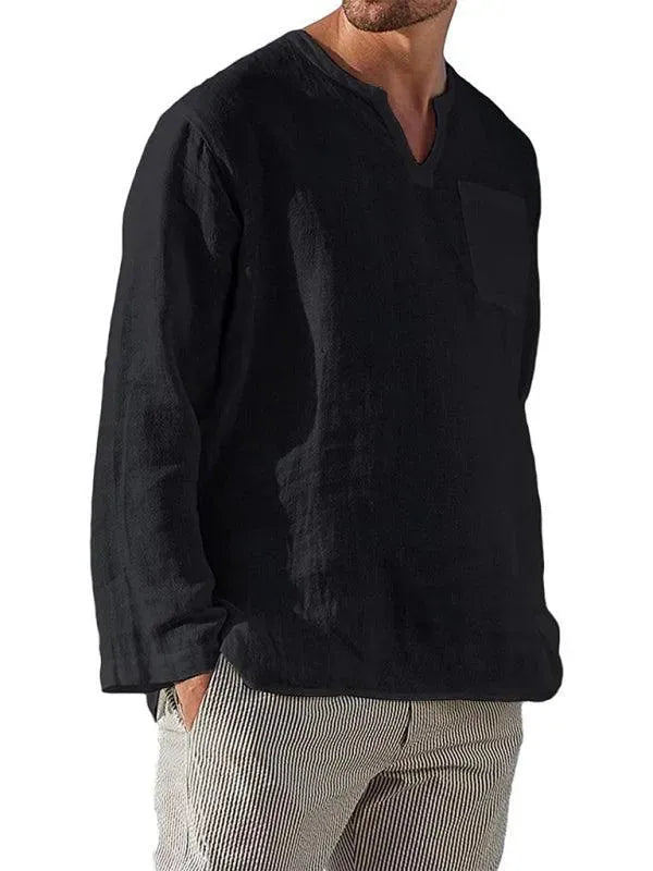 Men's V-Neck Linen Shirt-Men Shirts-LeStyleParfait