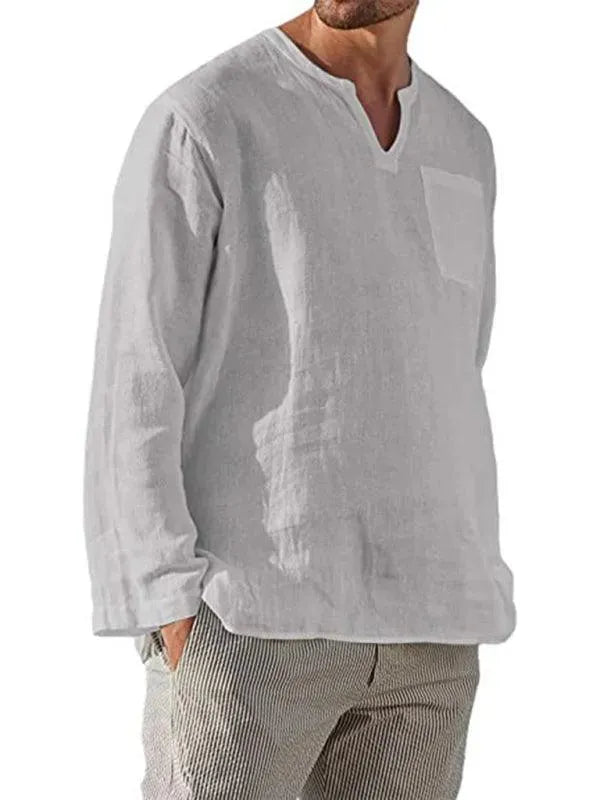 Men's V-Neck Linen Shirt-Men Shirts-LeStyleParfait