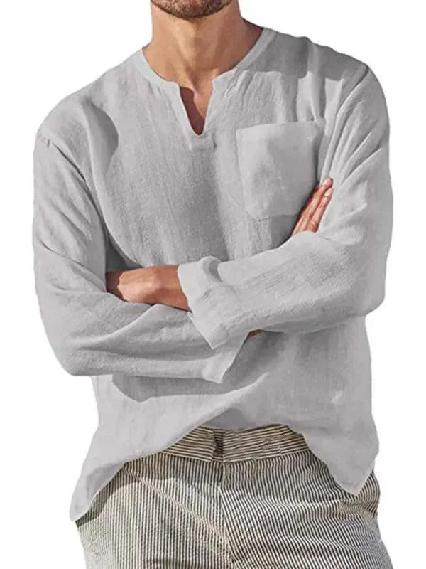 Men's V-Neck Linen Shirt-Men Shirts-LeStyleParfait