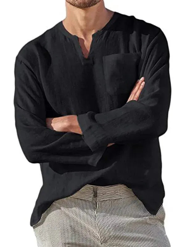 Men's V-Neck Linen Shirt-Men Shirts-LeStyleParfait