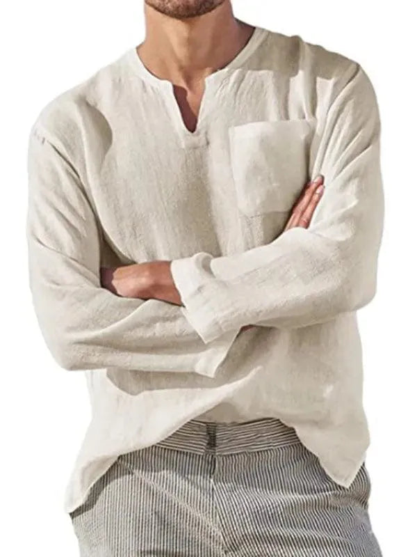 Men's V-Neck Linen Shirt-Men Shirts-LeStyleParfait