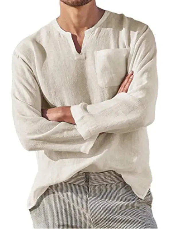 Men's V-Neck Linen Shirt-Men Shirts-LeStyleParfait