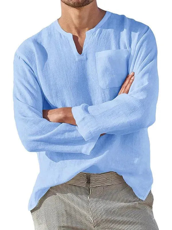 Men's V-Neck Linen Shirt-Men Shirts-LeStyleParfait