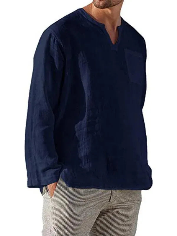 Men's V-Neck Linen Shirt-Men Shirts-LeStyleParfait