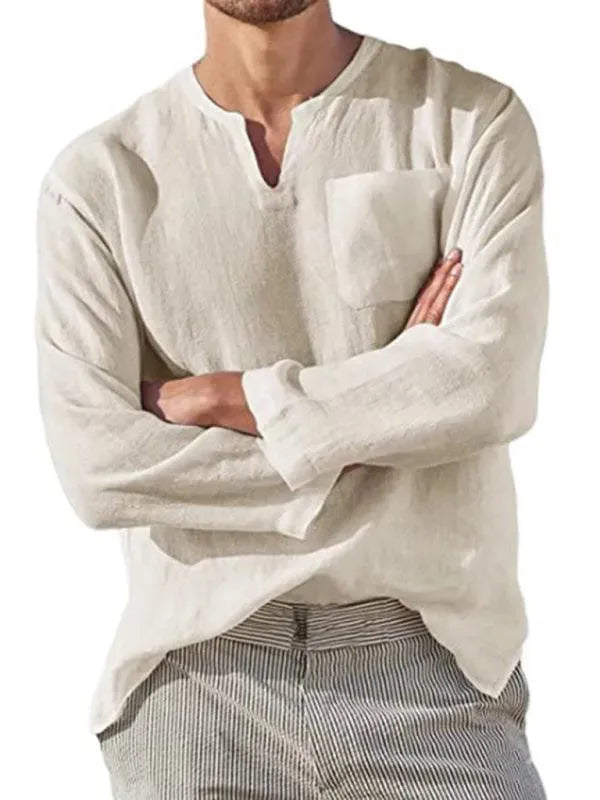 Men's V-Neck Linen Shirt-Men Shirts-LeStyleParfait