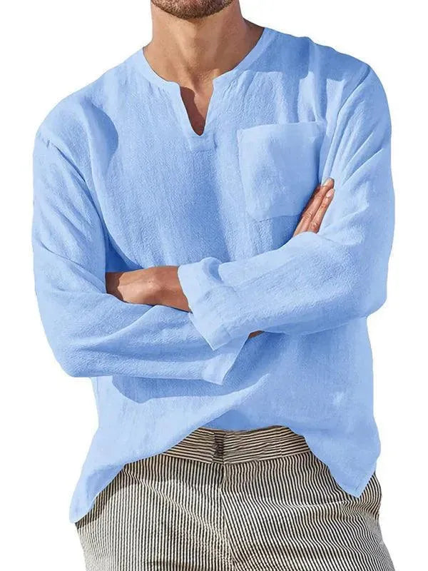 Men's V-Neck Linen Shirt-Men Shirts-LeStyleParfait