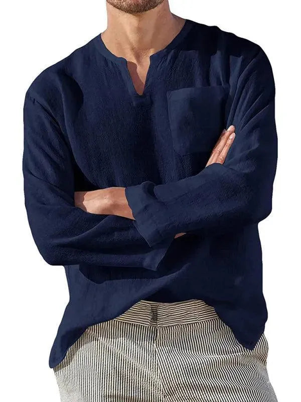 Men's V-Neck Linen Shirt-Men Shirts-LeStyleParfait