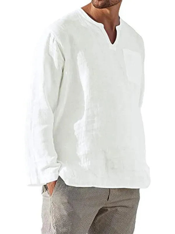 Men's V-Neck Linen Shirt-Men Shirts-LeStyleParfait