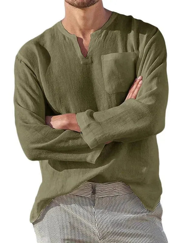 Men's V-Neck Linen Shirt-Men Shirts-LeStyleParfait