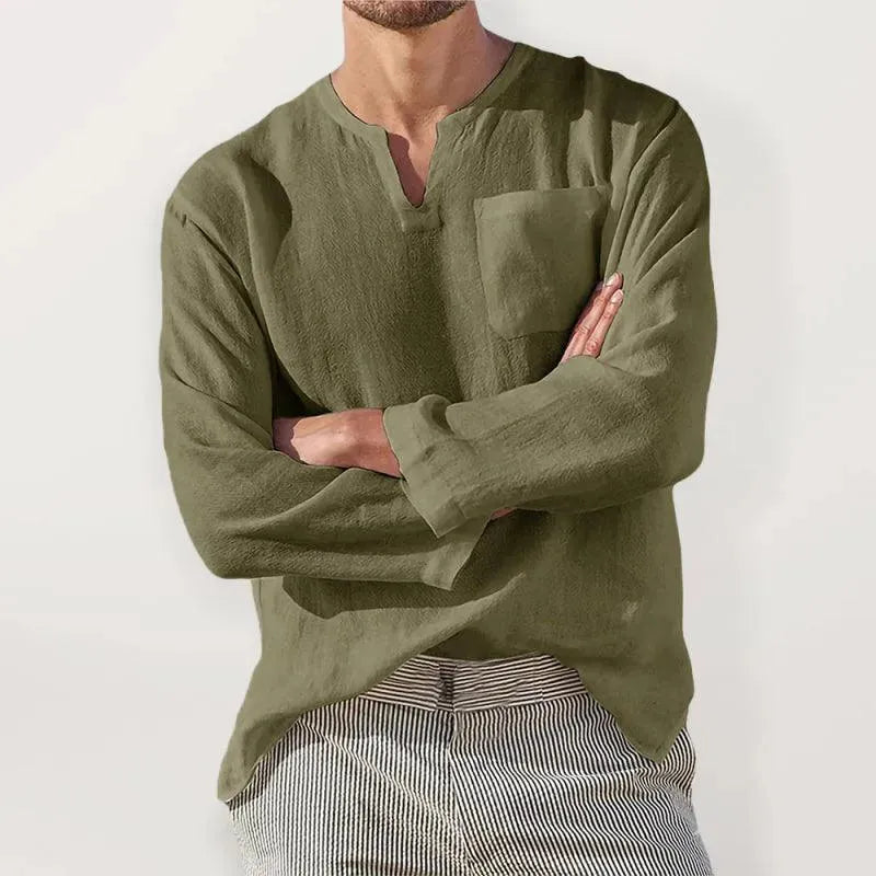 Men's V-Neck Linen Shirt-Men Shirts-LeStyleParfait