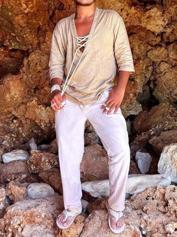 Men's V-Neck Three Quarter Shirt-Men Shirts-LeStyleParfait