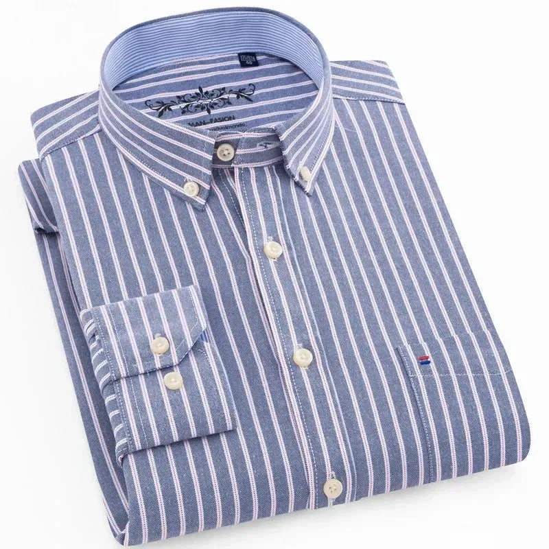 Men's Wide Striped Long Sleeve Shirt-Men Shirts-LeStyleParfait
