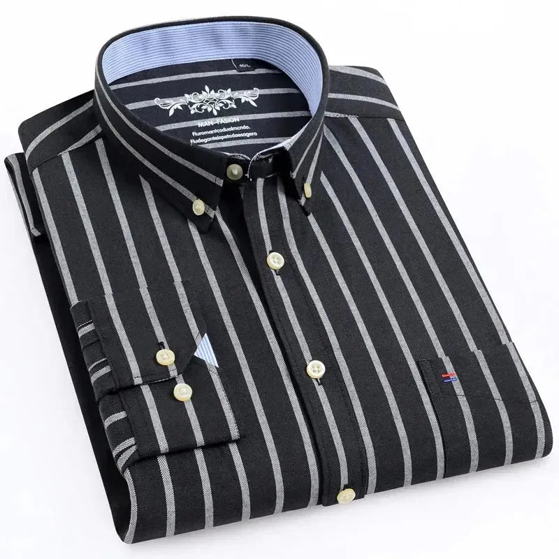 Men's Wide Striped Long Sleeve Shirt-Men Shirts-LeStyleParfait