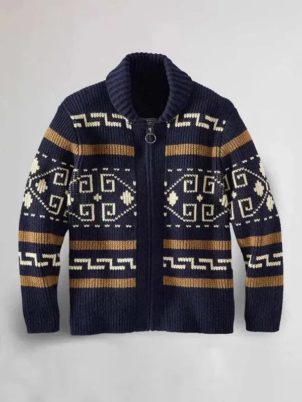 Men’s Zip Jacquard Cardigan Sweater – V-Neck Style