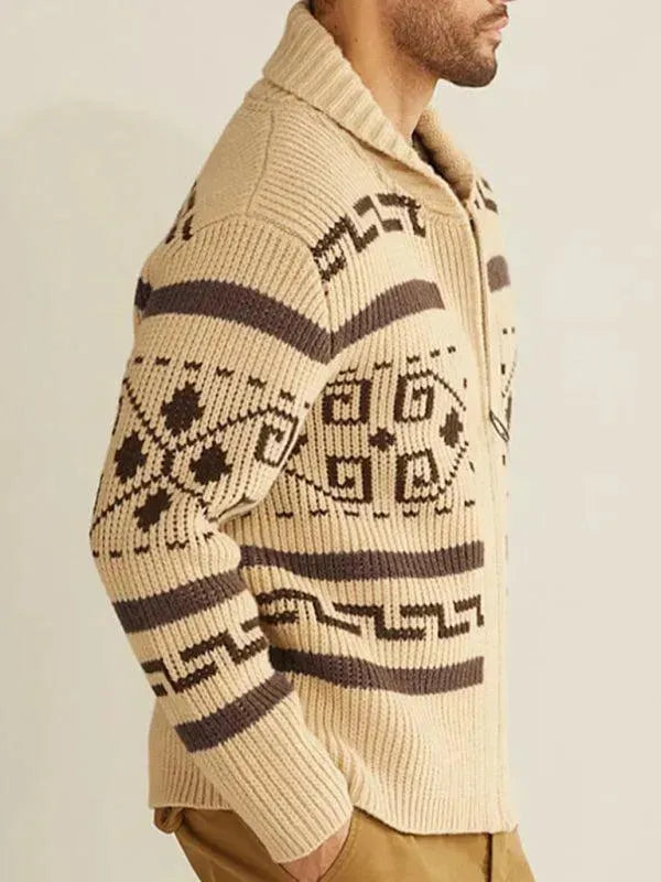 Men’s Zip Jacquard Cardigan Sweater – V-Neck Style