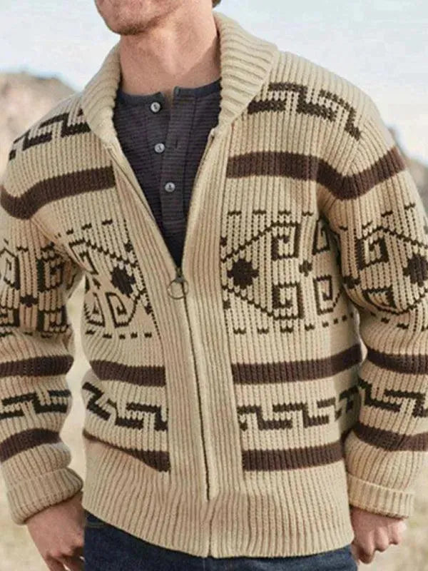 Men’s Zip Jacquard Cardigan Sweater – V-Neck Style