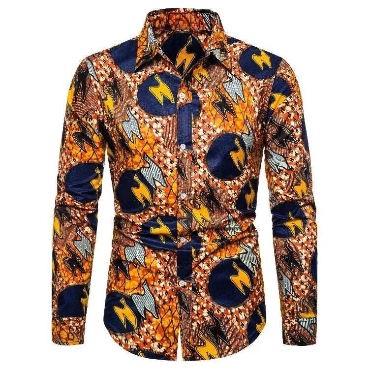 Orange African Print Streetwear Shirt-Men Shirts-LeStyleParfait