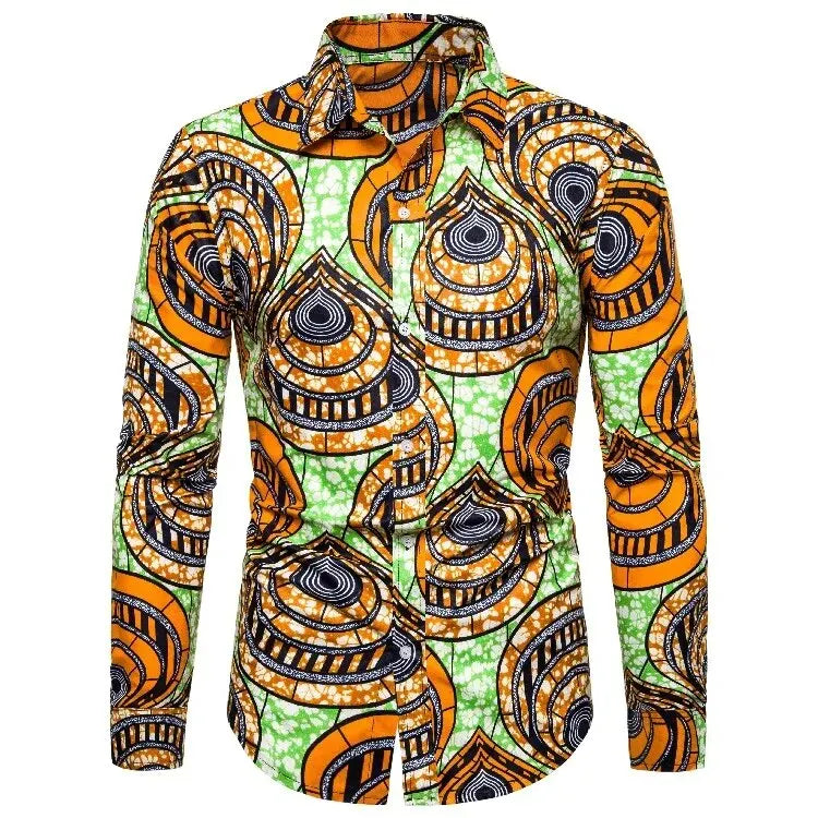 Orange Green African Print Shirt-Men Shirts-LeStyleParfait
