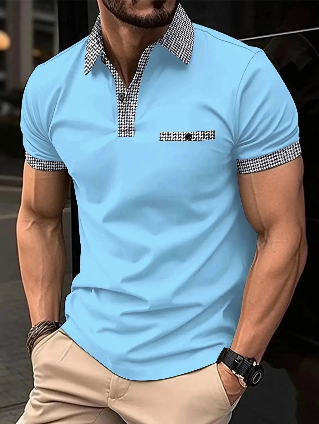 Plaid Collar Short-Sleeved Polo Shirt-Polo Shirt-LeStyleParfait
