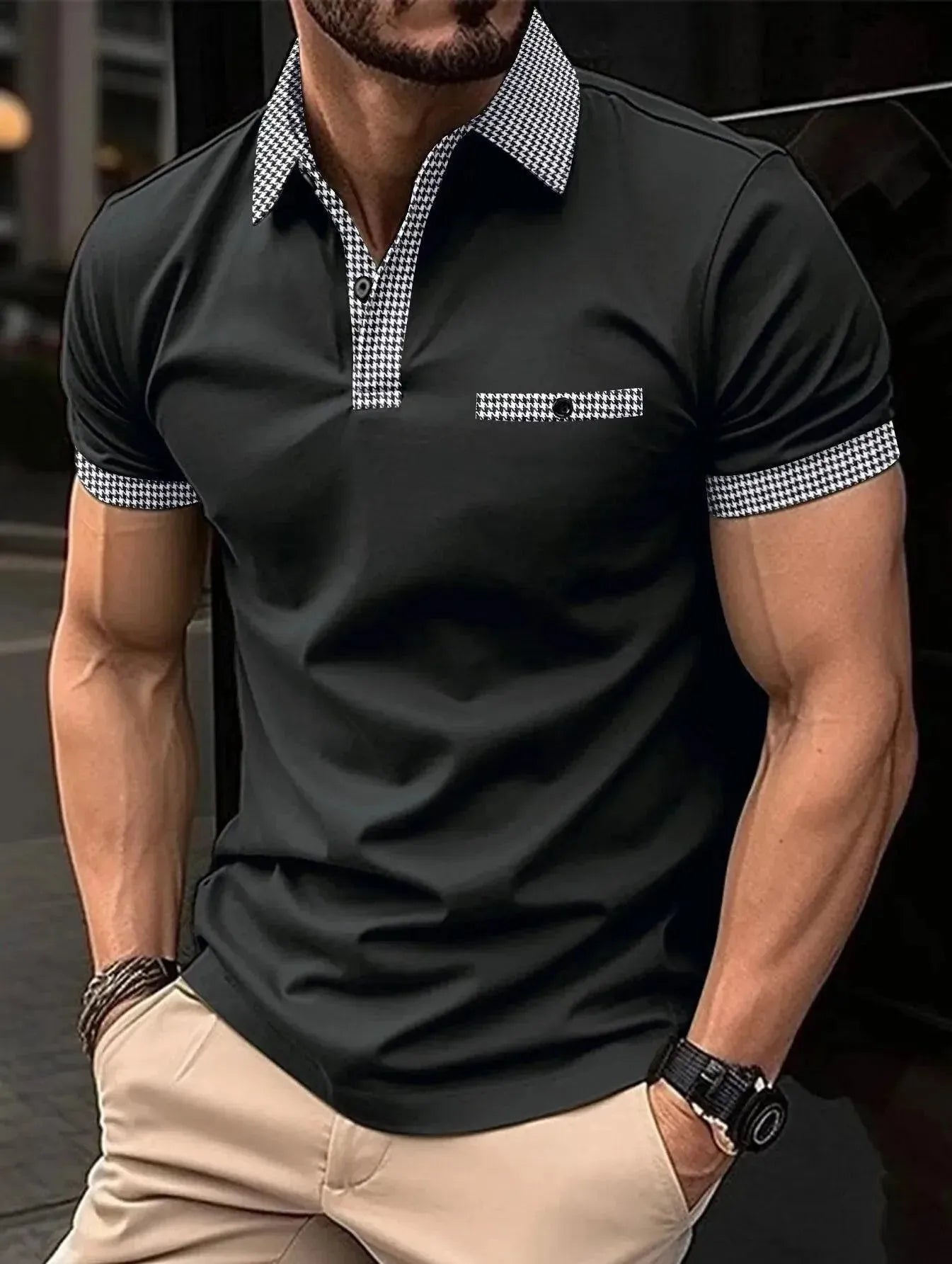 Plaid Collar Short-Sleeved Polo Shirt-Polo Shirt-LeStyleParfait